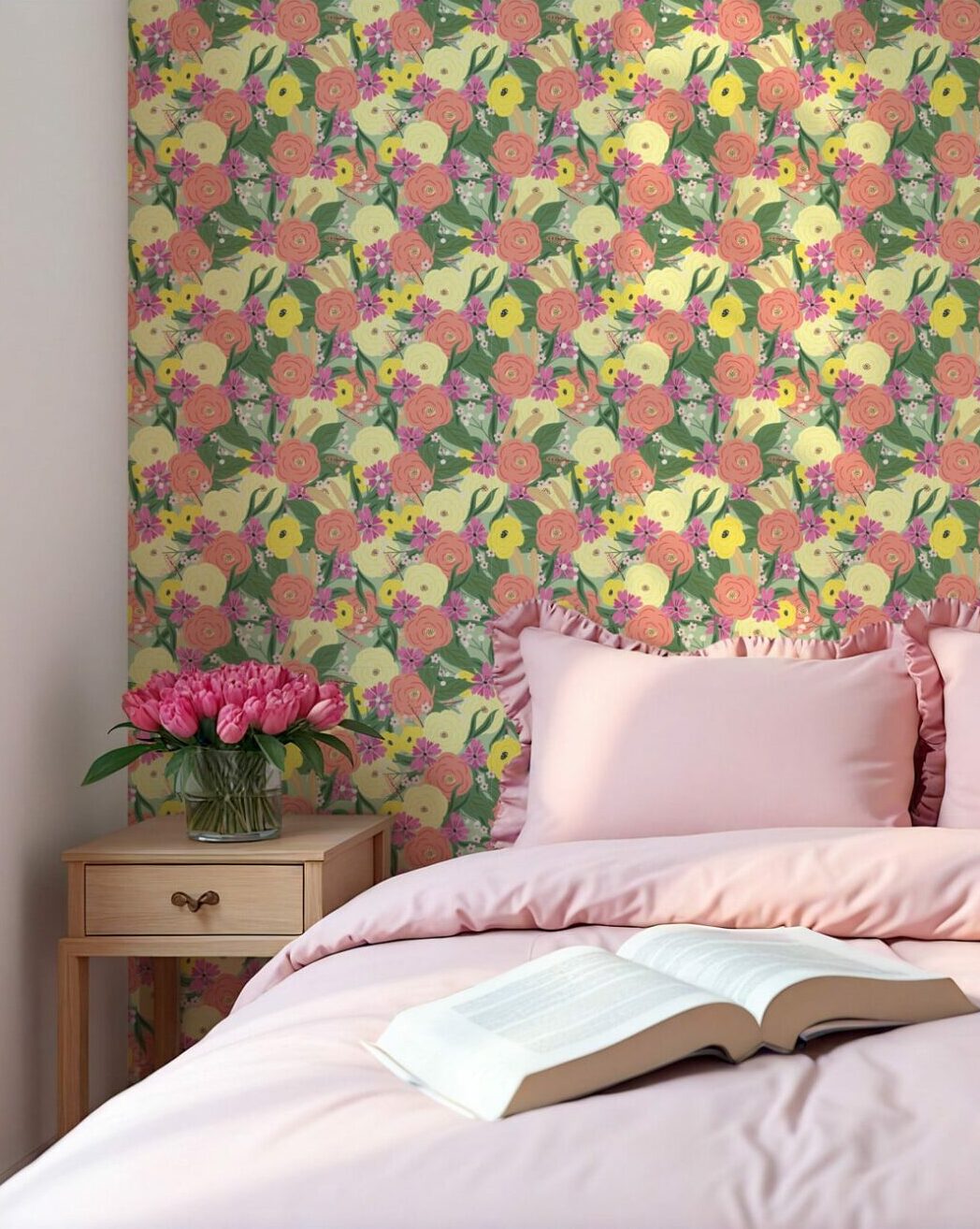 ORIANE - Papier peint fleuri acidulé chambre femme