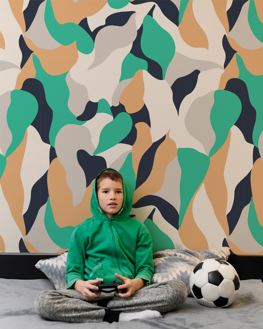 BÉRÉNICE - Papier peint formes abstraites et douces vert chambre garçon