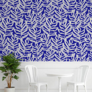 CARLOS - Papier peint feuilles couleur pop bleu majorelle salle à manger