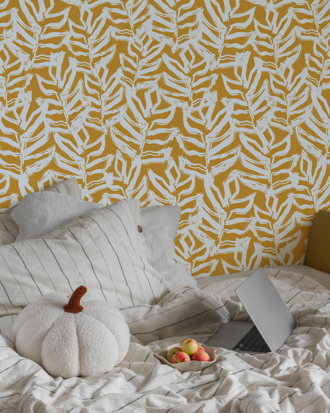 CARLOS - Papier peint feuilles couleur pop orange chambre