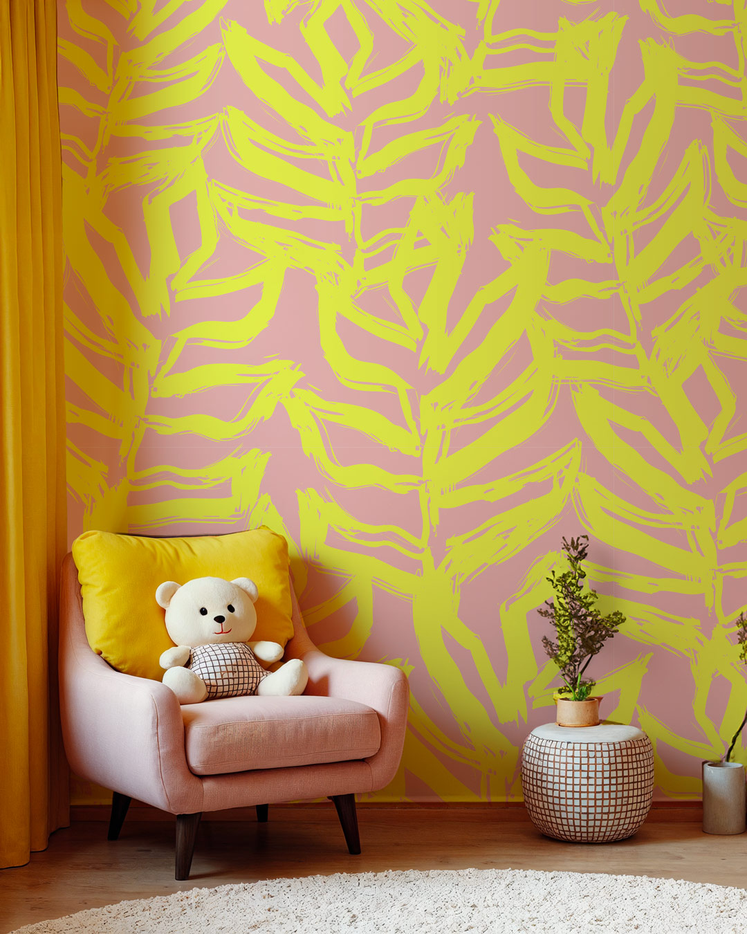 CARLOS - Papier peint feuilles couleur pop rose chambre fille