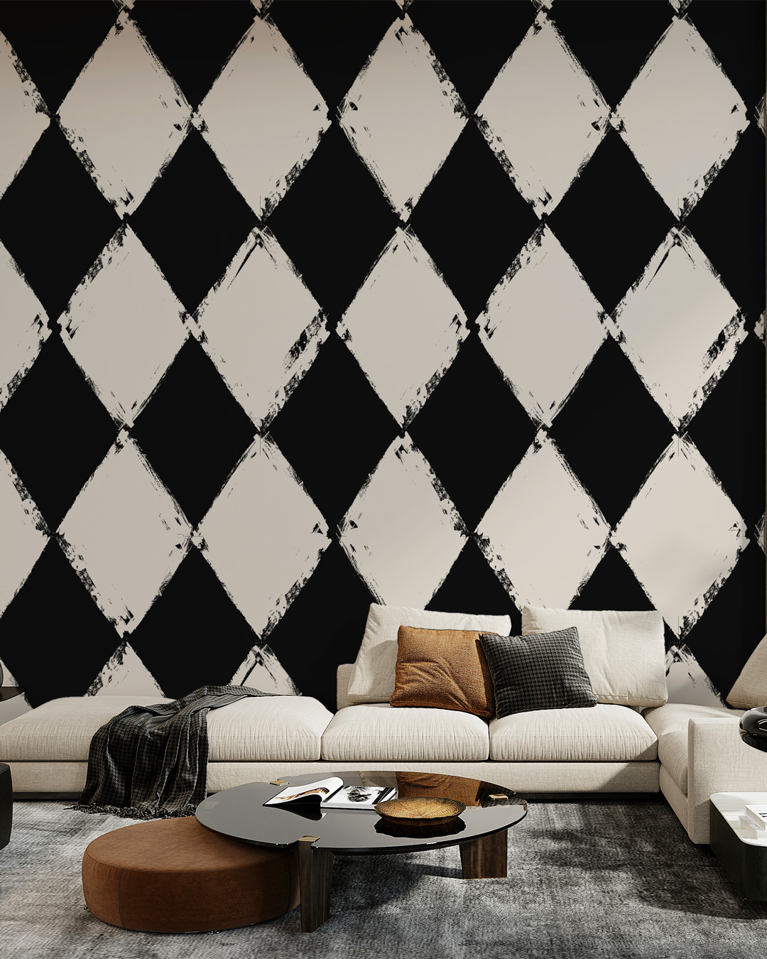 CÉLESTIN - Papier peint arlequin effet texturé noir salon