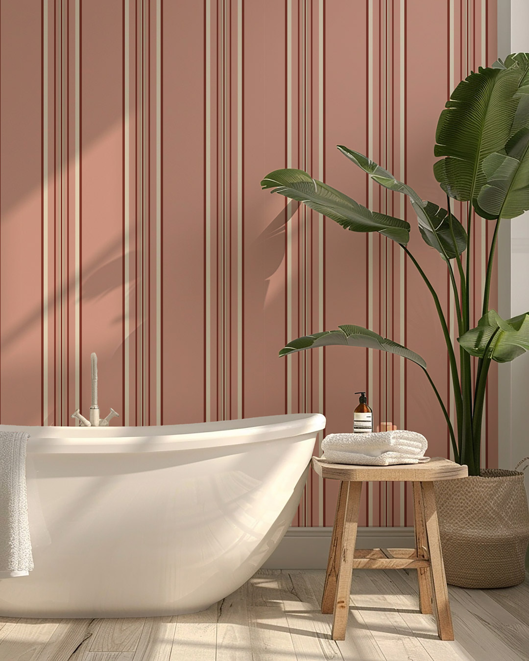 CONCHITA - Papier peint rayures asymétriques classiques roses salle de bain