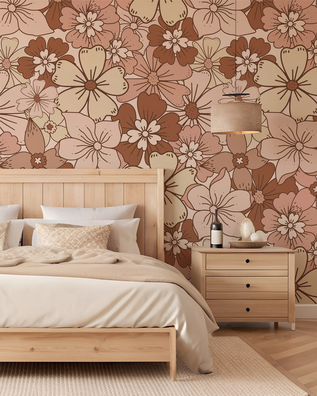 CORINNE - Papier peint fleurs hippie année 70 marron chambre