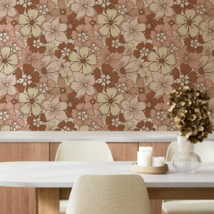 CORINNE - Papier peint fleurs hippie année 70 marron salle à manger