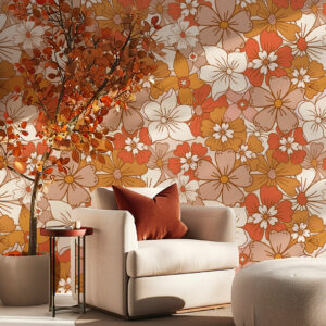 CORINNE - Papier peint fleurs hippie année 70 orange salon