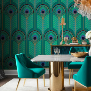 HELGA - Papier peint art déco dégradé turquoise salle à manger