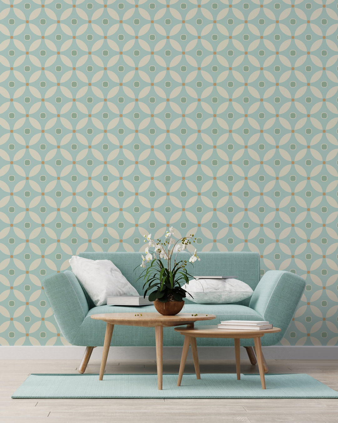 MARLÈNE - Papier peint rosace art déco bleu ciel salon