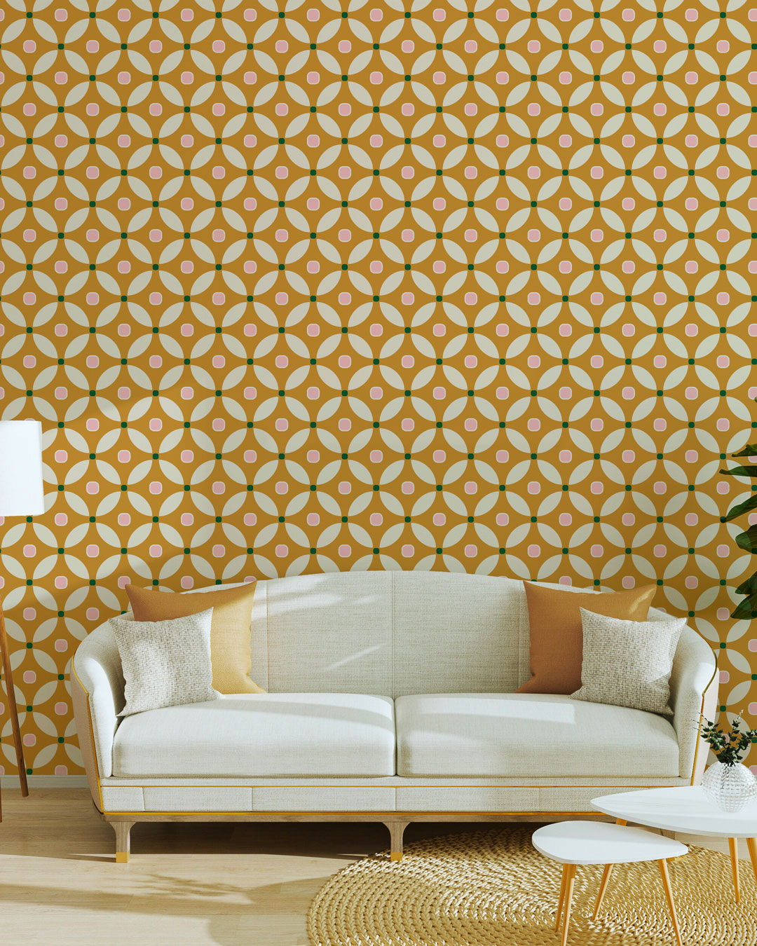 MARLÈNE - Papier peint rosace art déco orange salon