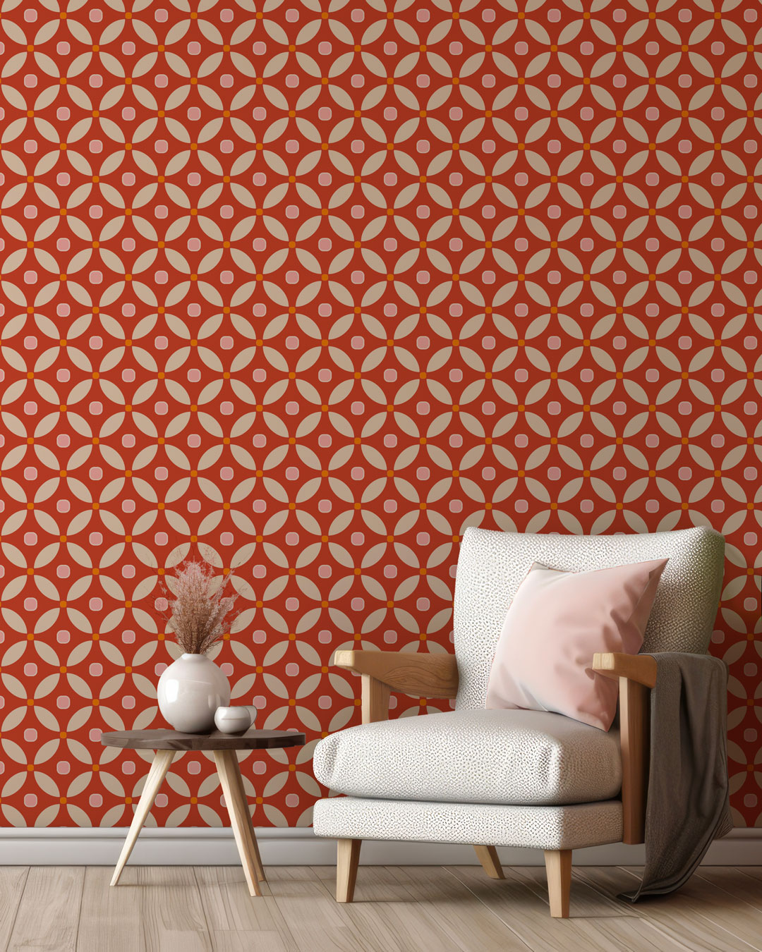 MARLÈNE - Papier peint rosace art déco rouge coin détente