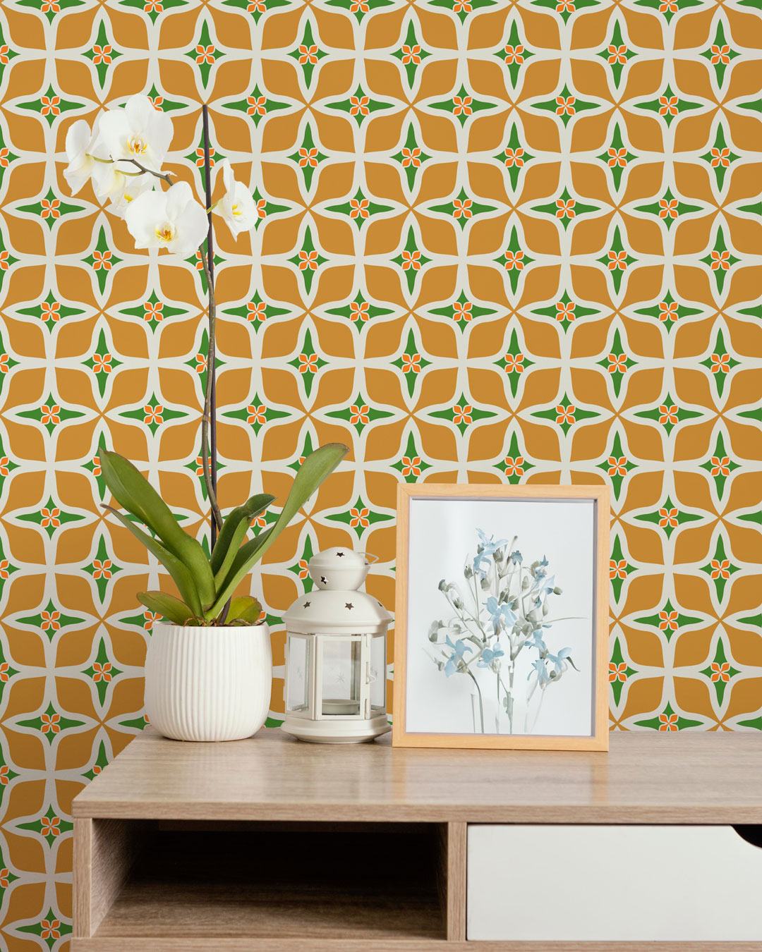 OCTAVE - Papier peint vintage motif croix jaune couloir