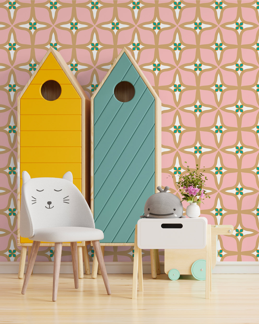 OCTAVE - Papier peint vintage motif croix rose coin lecture