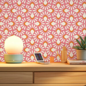 PAULE - Papier peint fleuri géométrique pastel rose bureau