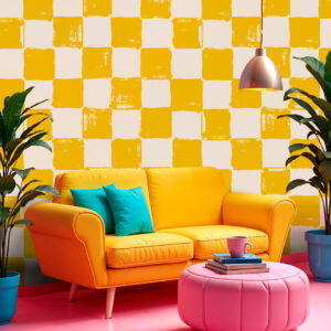 ALDERIC - Papier peint damier jaune salon