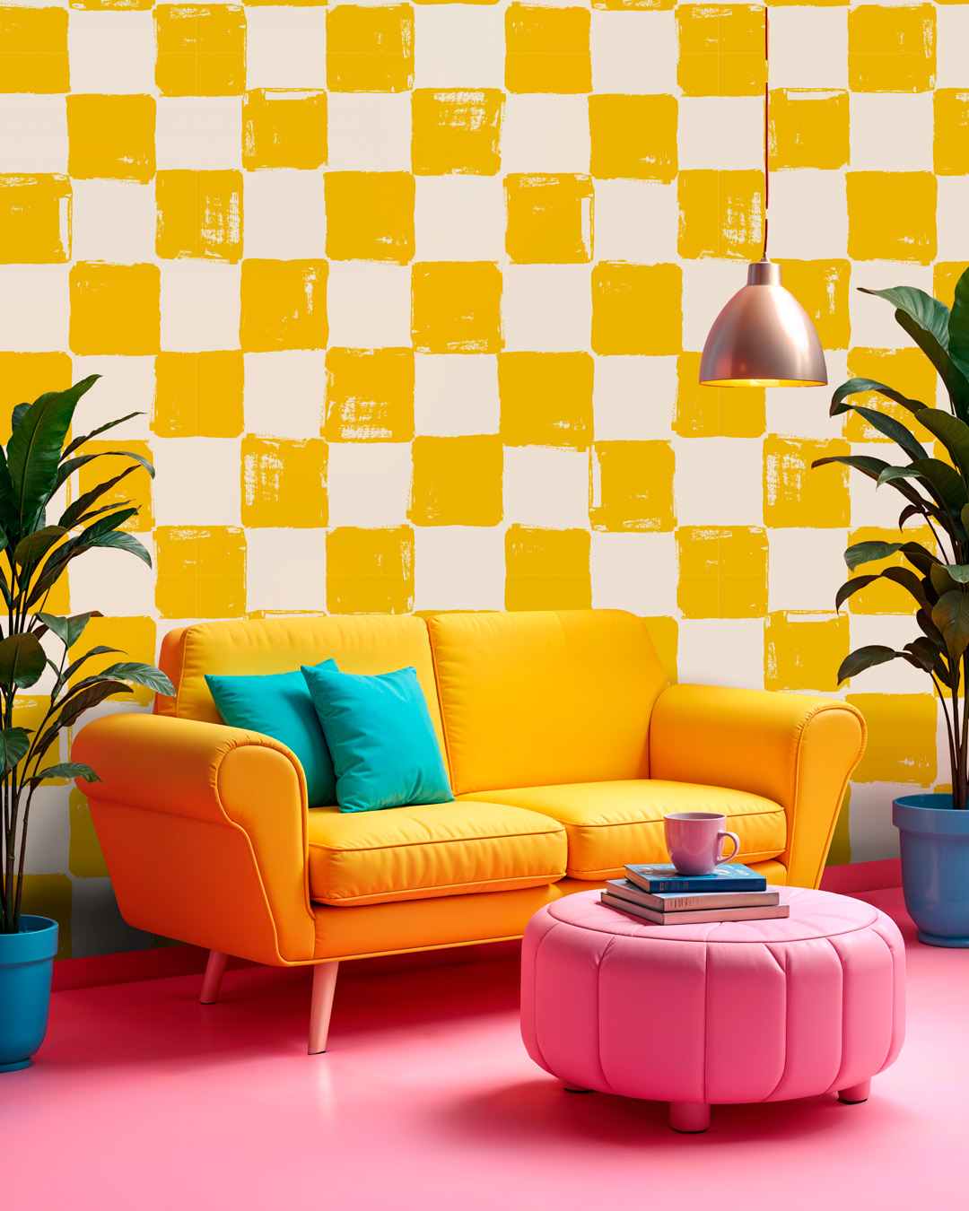 ALDERIC - Papier peint damier jaune salon