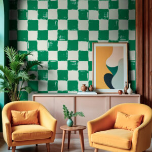 ALDERIC - Papier peint damier vert salon