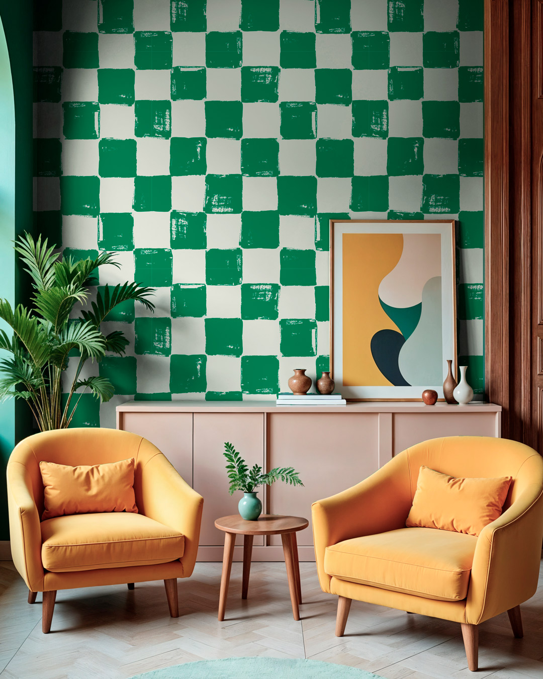 ALDERIC - Papier peint damier vert salon