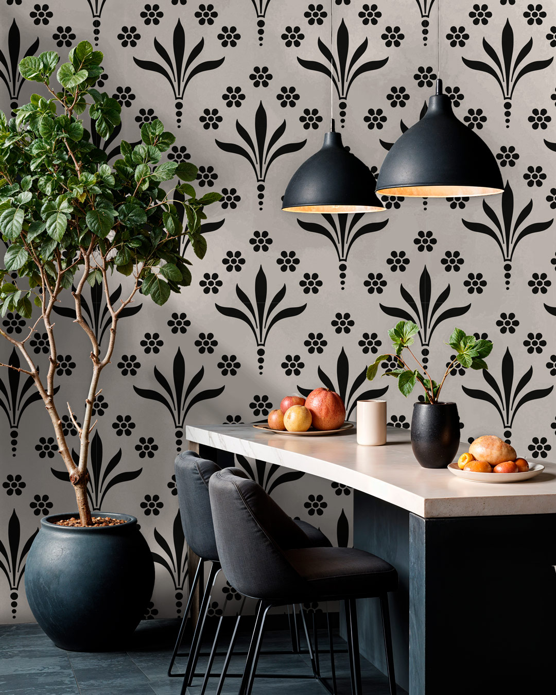 LIV - Papier peint fleur de plume noir salle à manger