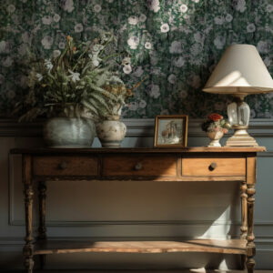 MAMERT - Papier peint roses blanches fond vert couloir