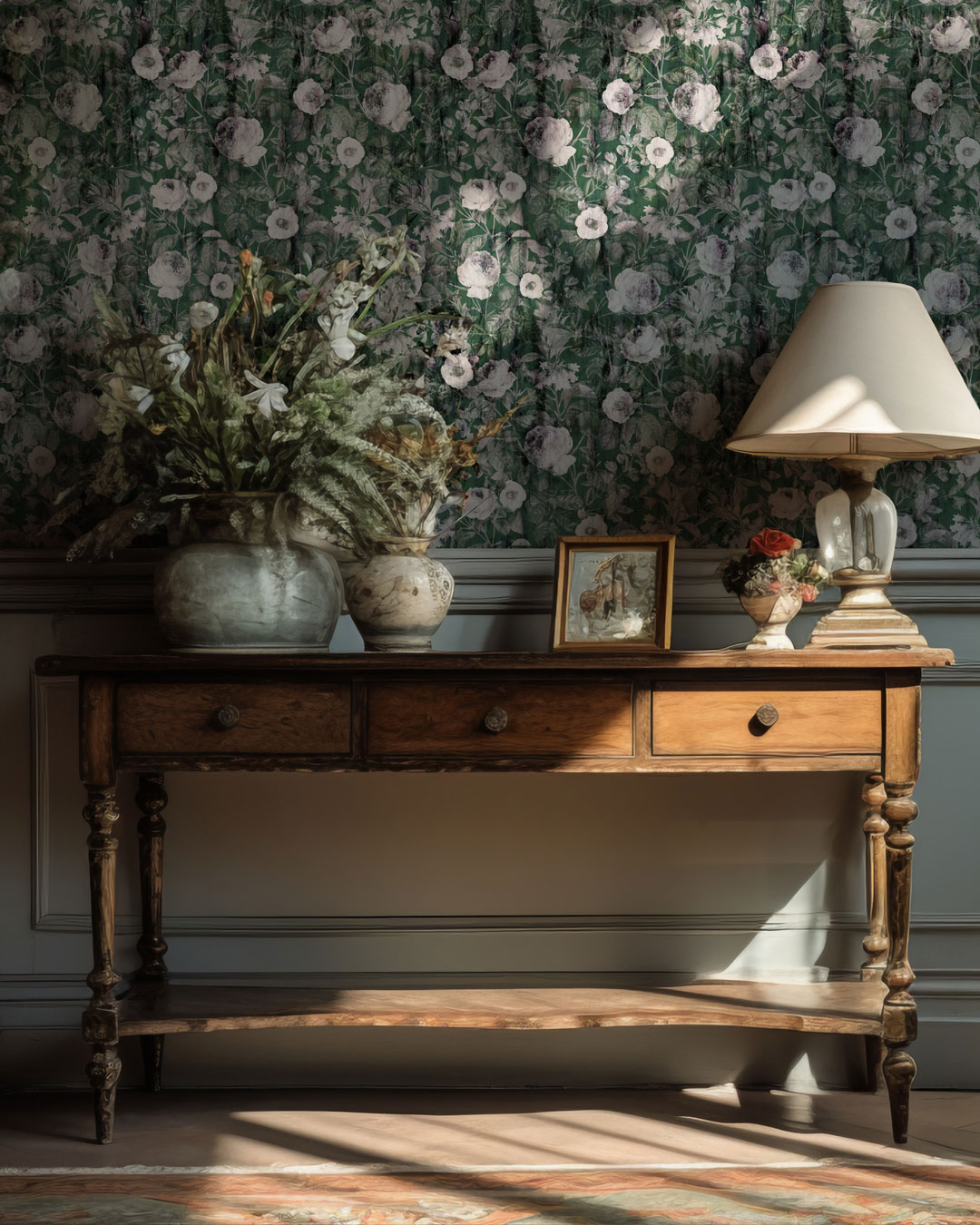 MAMERT - Papier peint roses blanches fond vert couloir