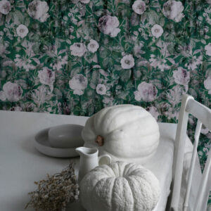 MAMERT - Papier peint roses blanches fond vert salle à manger