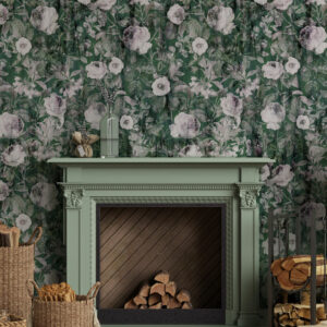 MAMERT - Papier peint roses blanches fond vert salon