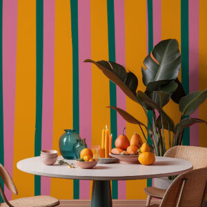 OMER - Papier peint rayures rigolotes colorées orange salle à manger