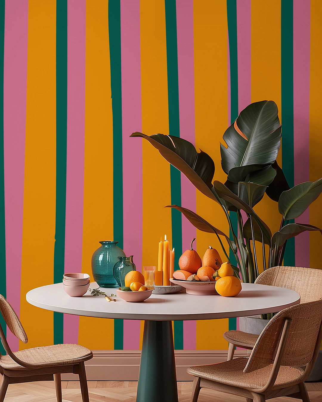 OMER - Papier peint rayures rigolotes colorées orange salle à manger