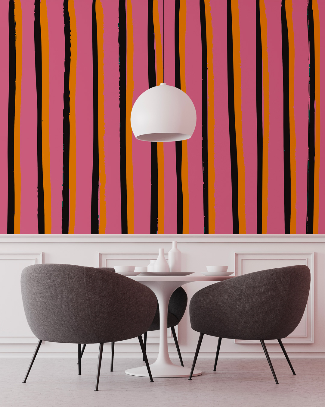 OMER - Papier peint rayures rigolotes colorées rose salle à manger
