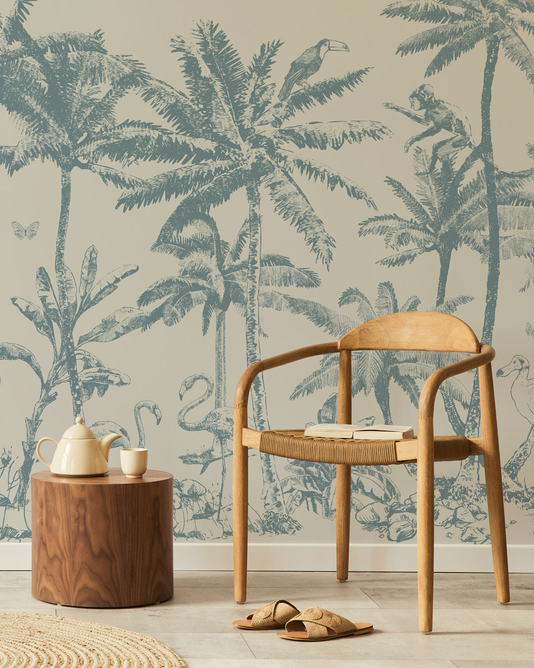 ESMEE - Papier peint palmier monochrome bleu chambre