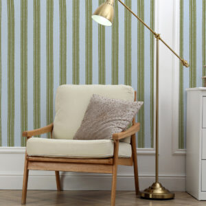 JENNA - Papier peint rayures effet brush bleu et vert salon