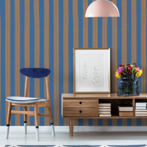 JENNA - Papier peint rayures effet brush marron et bleu salon