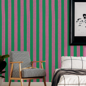 JENNA - Papier peint rayures effet brush vert et rose chambre