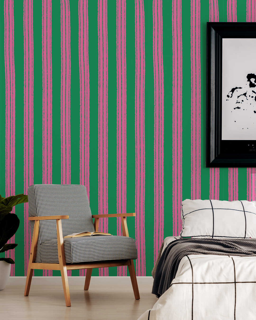 JENNA - Papier peint rayures effet brush vert et rose chambre