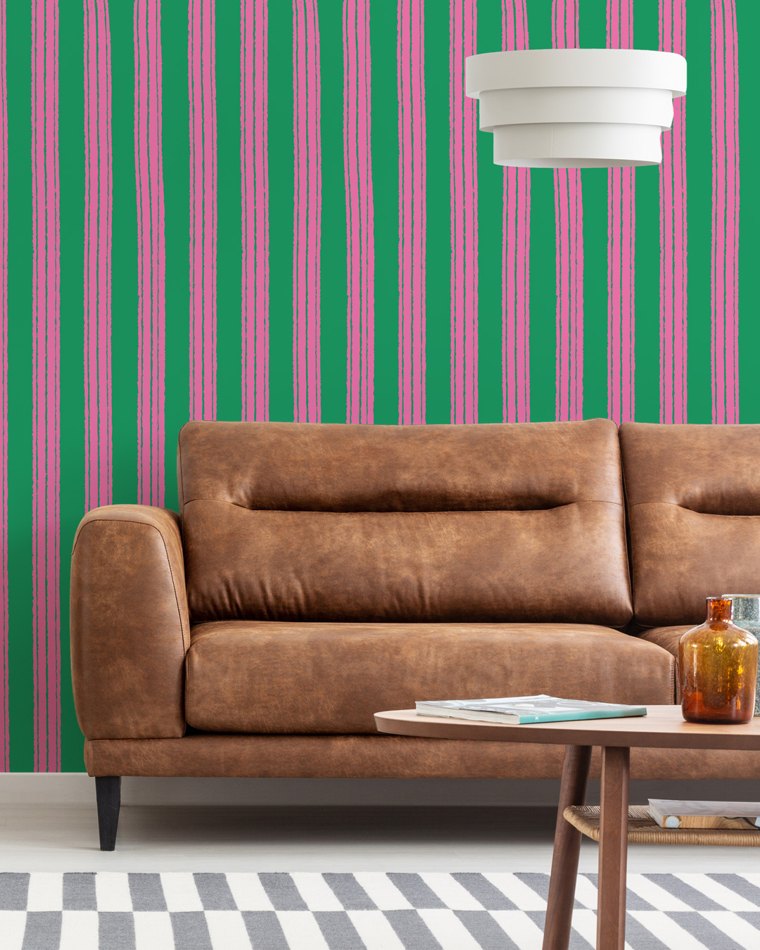 JENNA - Papier peint rayures effet brush vert et rose salon