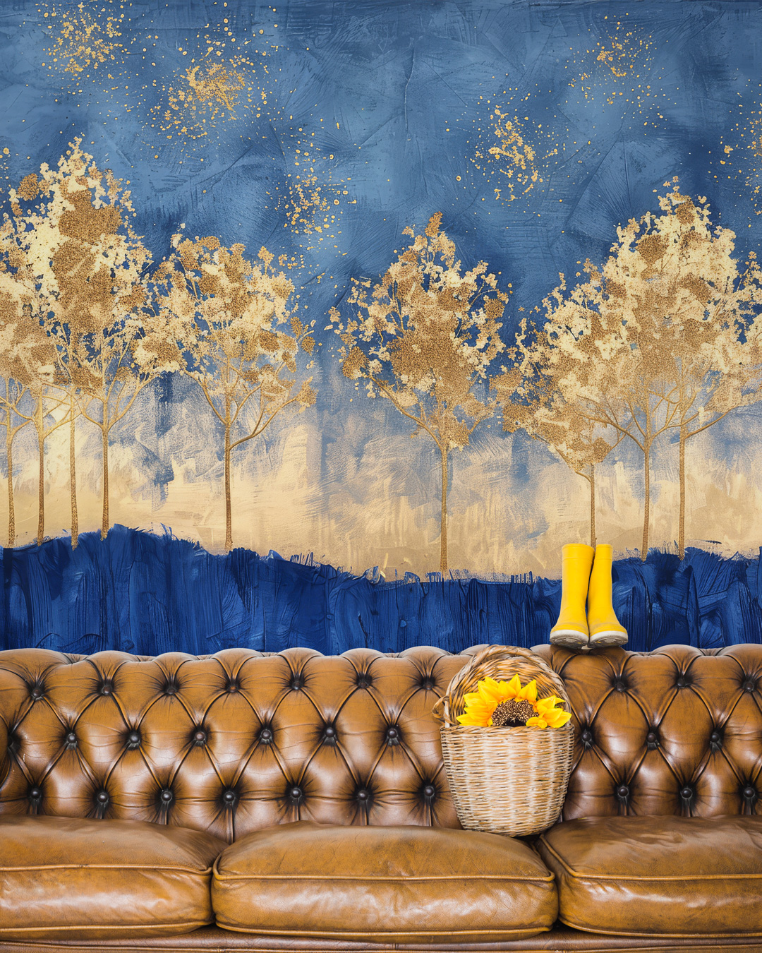 ANNA - Papier peint panoramique foret dorée scintillante salon