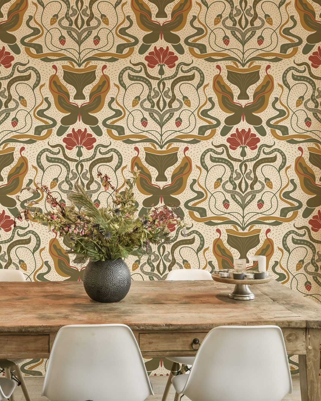 CHARLINE - Papier peint art nouveau vintage beige salle à manger