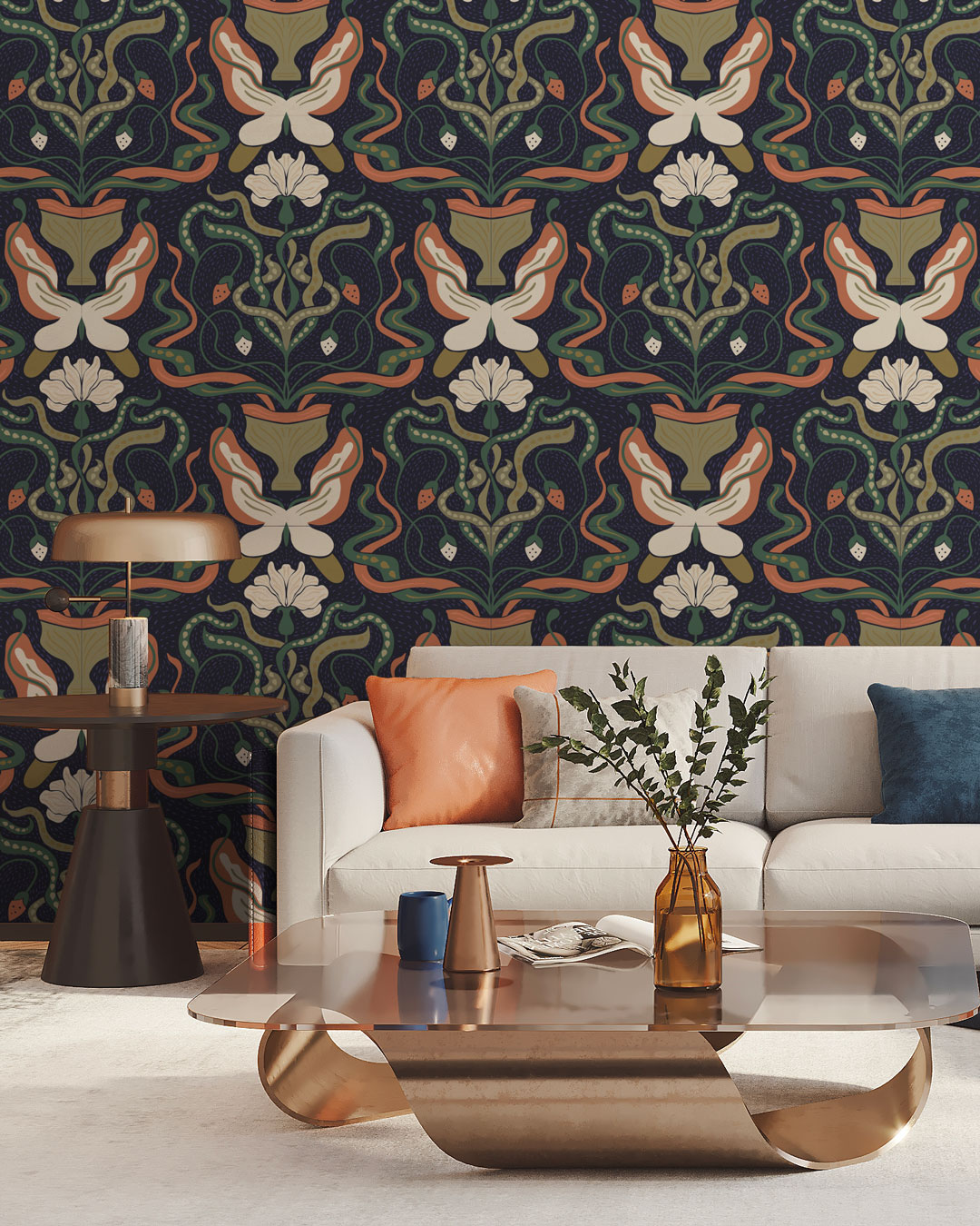 CHARLINE - Papier peint art nouveau vintage bleu salon