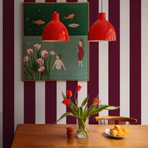 FRANCESCO - Papier peint rayé bords ondulés bordeaux salle à manger