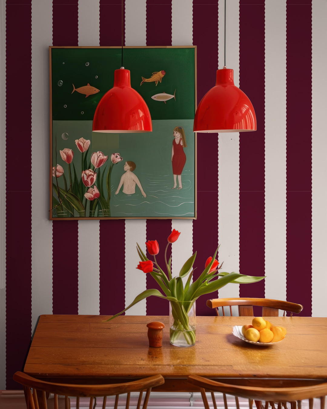 FRANCESCO - Papier peint rayé bords ondulés bordeaux salle à manger