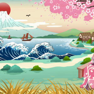 RIKU - Papier peint panoramique Mont Fuji manga