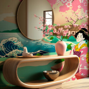 RIKU - Papier peint panoramique Mont Fuji manga entrée