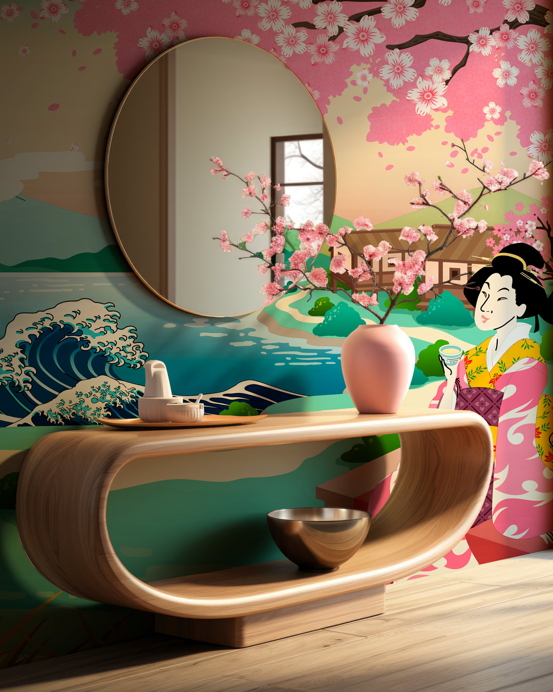 RIKU - Papier peint panoramique Mont Fuji manga entrée