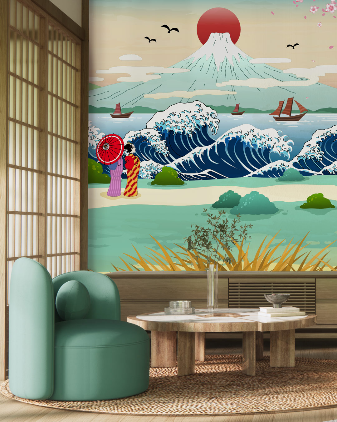 RIKU - Papier peint panoramique Mont Fuji manga salon