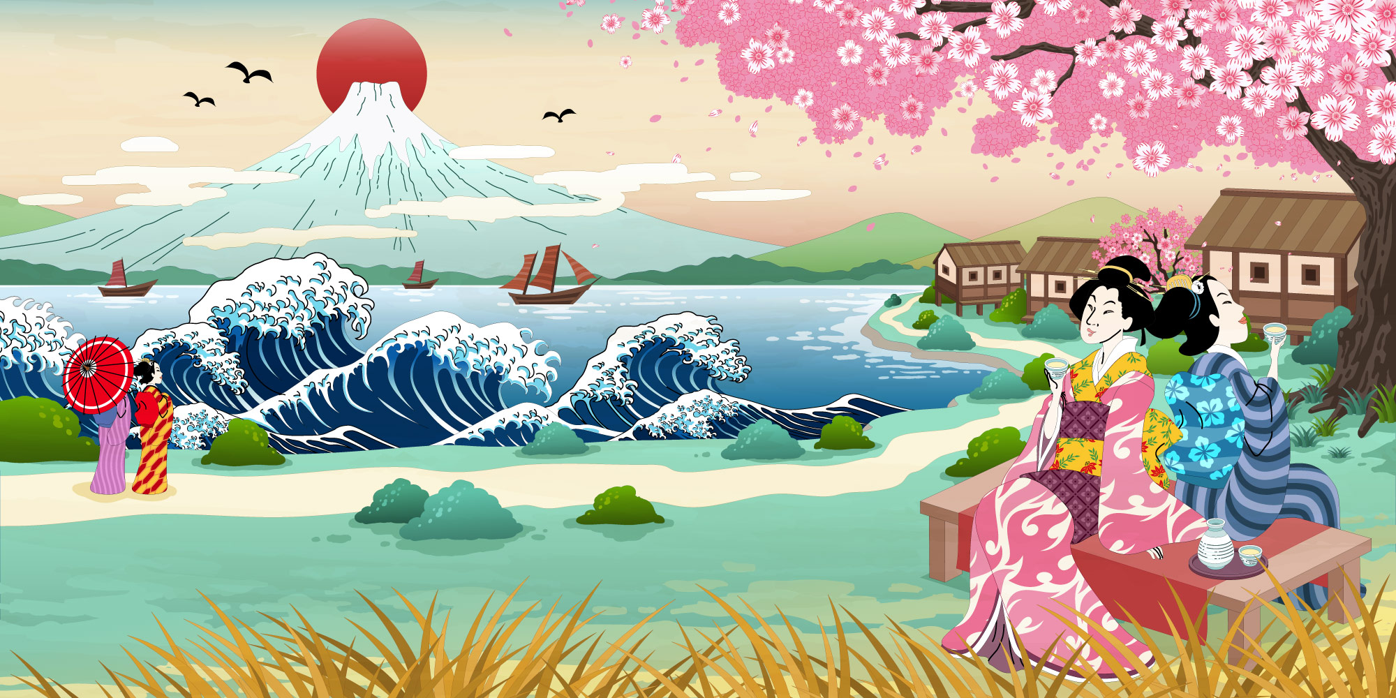 RIKU - Papier peint panoramique Mont Fuji manga