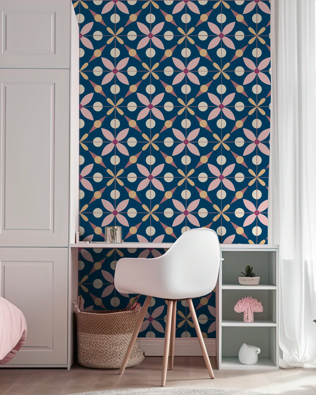 SANTIAGO - Papier peint rétro effet carreau de ciment bleu bureau