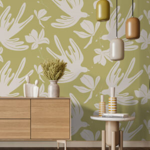 SHAYNESE - Papier peint envol d’oiseaux printanier vert salon