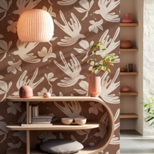 SHAYNESE - Papier peint envol d’oiseaux printanier brun entrée