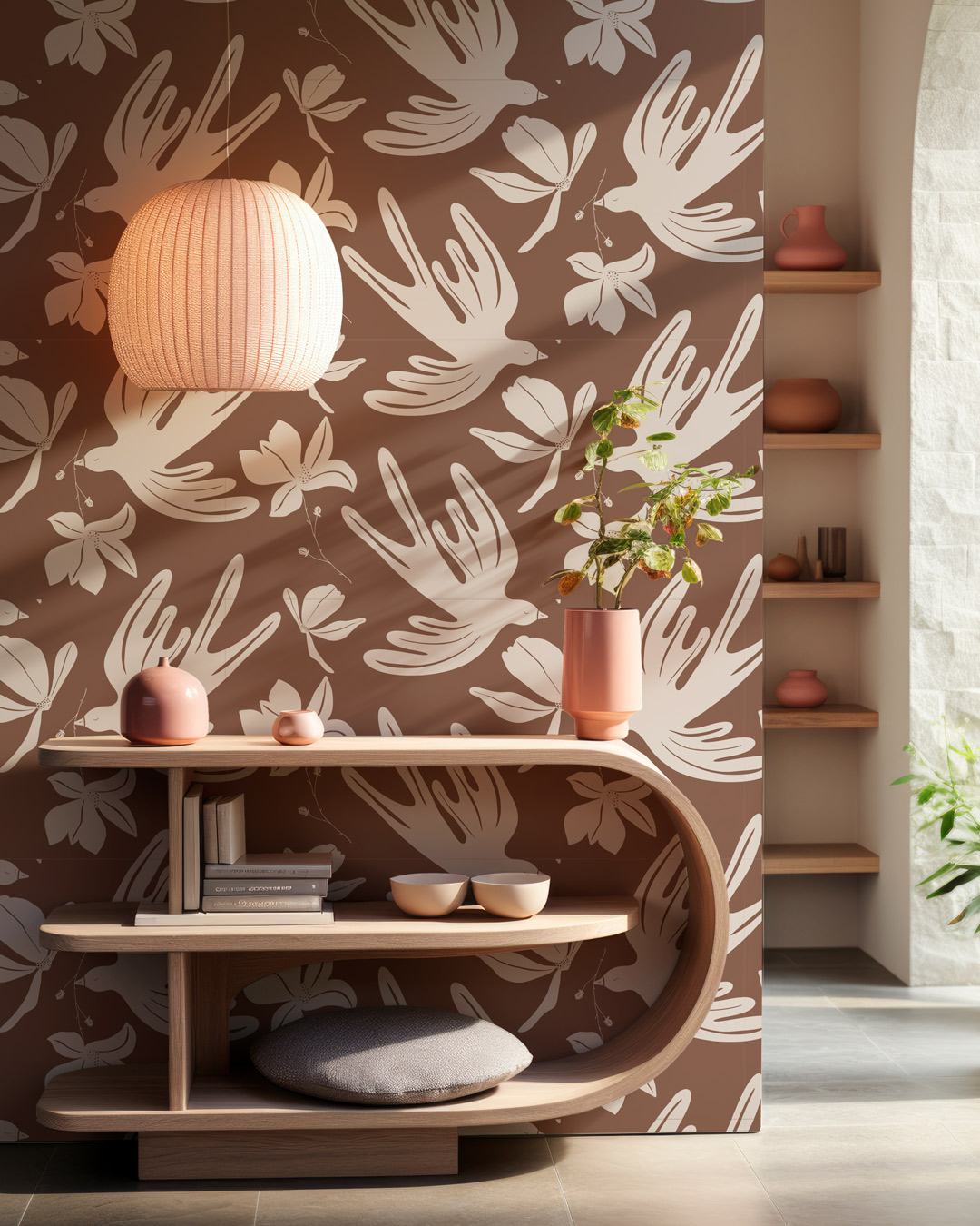 SHAYNESE - Papier peint envol d’oiseaux printanier brun entrée