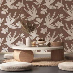 SHAYNESE - Papier peint envol d’oiseaux printanier brun salon